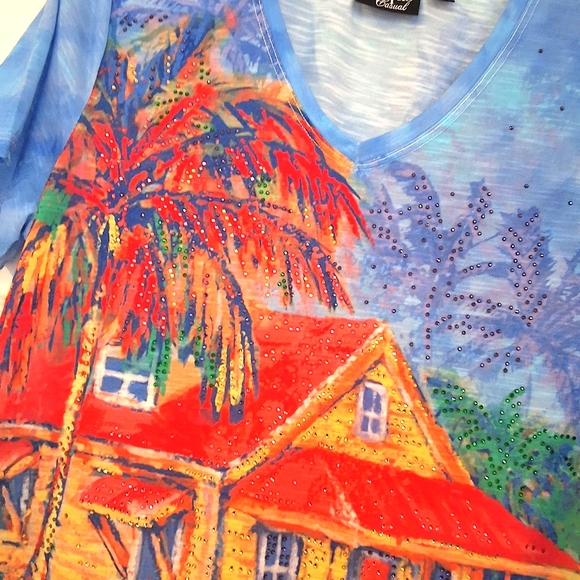 ONQUE Casual, Large, Woman's Embellished V Neck Multi-Color Top - Picture 4 of 6